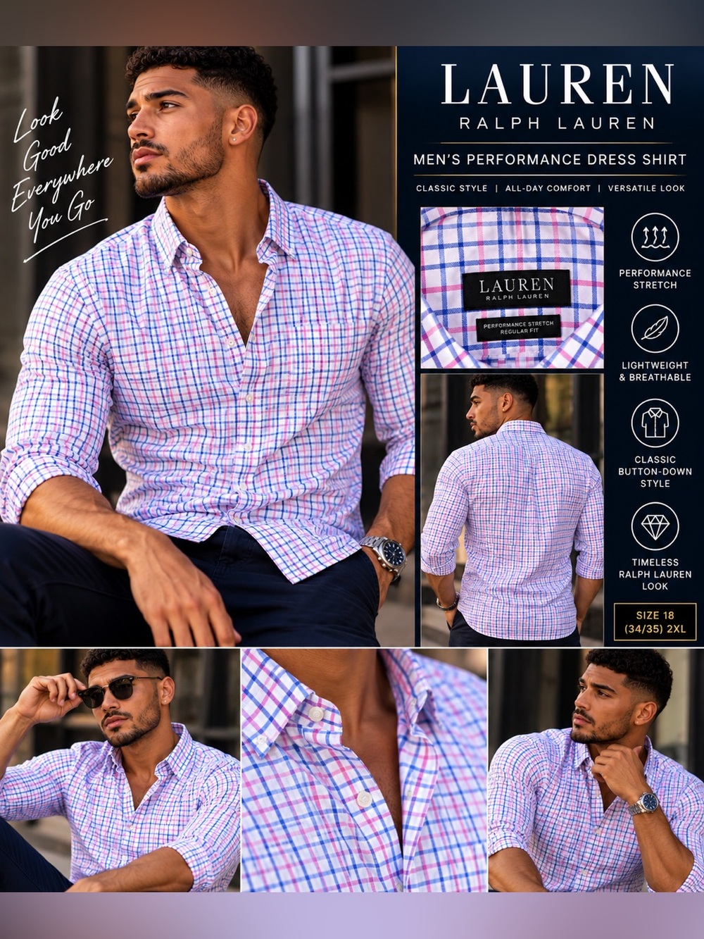 Lauren Ralph Lauren Men’s Pink & Blue Plaid Casual Button-Down Shirt 2XL